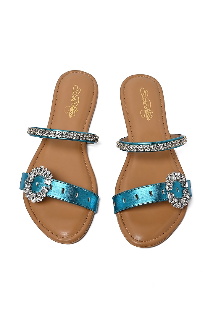 Metallic Blue Faux Leather Sequins Embroidered Flats by Sole House at Pernia's Pop Up Shop