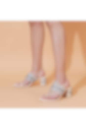 Cream Faux Leather Hand Embroidered Block Heels by Sole House at Pernia's Pop Up Shop