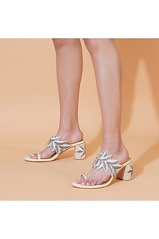 Cream Faux Leather Hand Embroidered Block Heels by Sole House