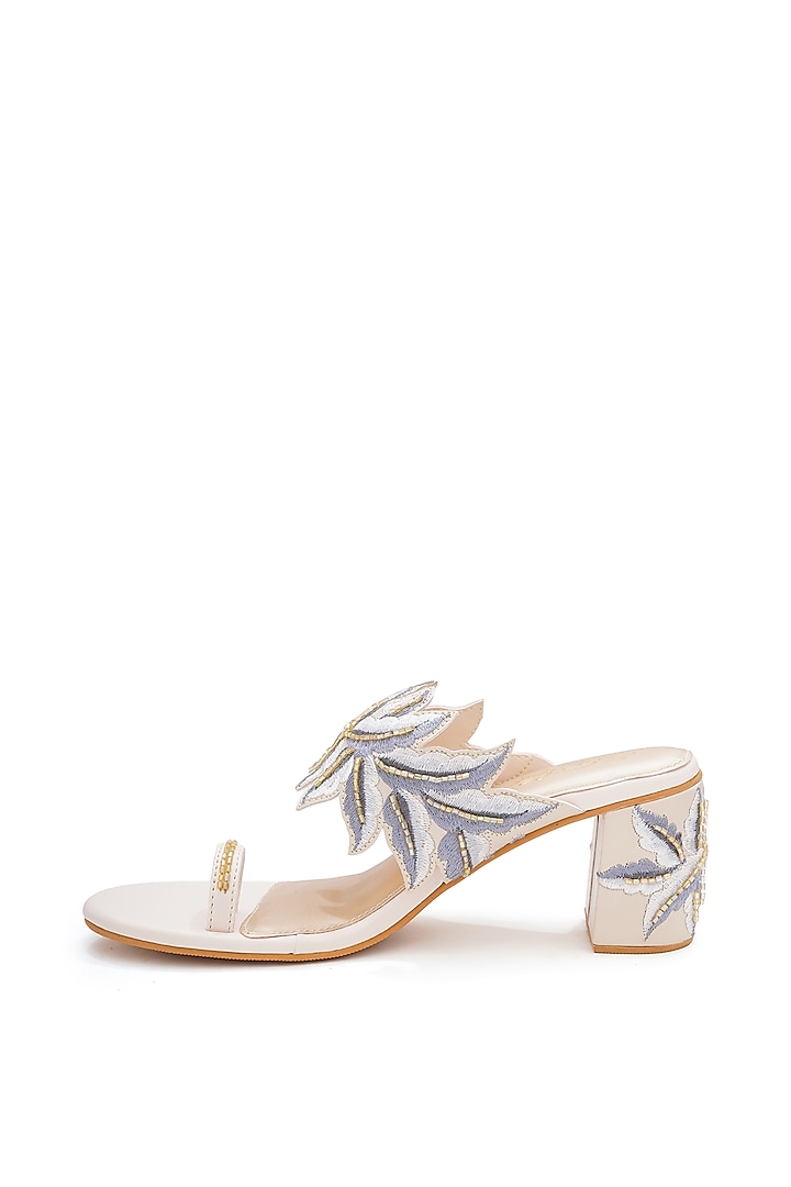 Cream Faux Leather Hand Embroidered Block Heels by Sole House at Pernia's Pop Up Shop