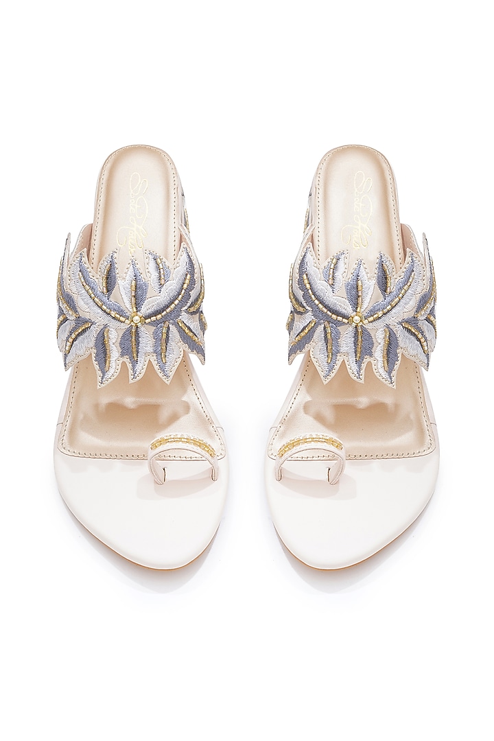Cream Faux Leather Hand Embroidered Block Heels by Sole House at Pernia's Pop Up Shop