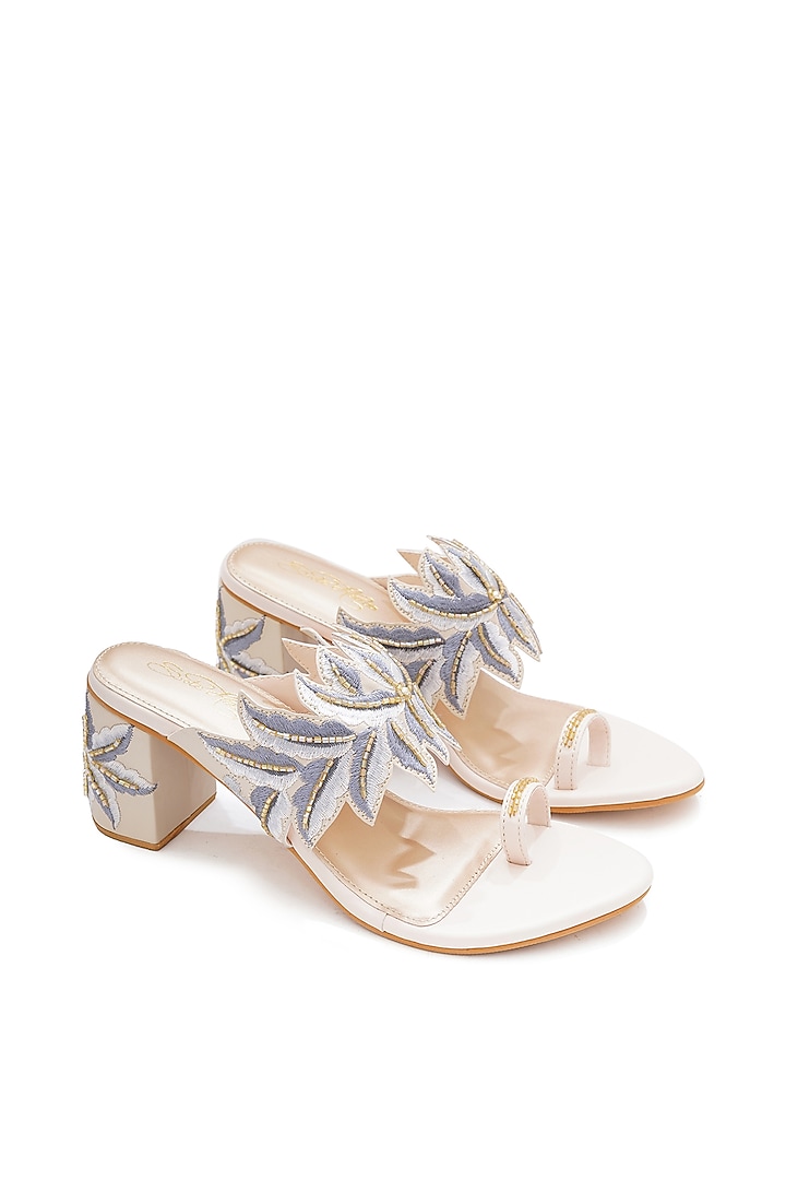 Cream Faux Leather Hand Embroidered Block Heels by Sole House at Pernia's Pop Up Shop