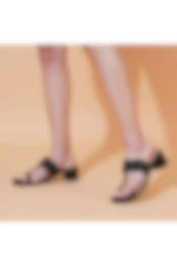 Black Faux Leather Chantilly Lace Embroidered Block Heels by Sole House at Pernia's Pop Up Shop