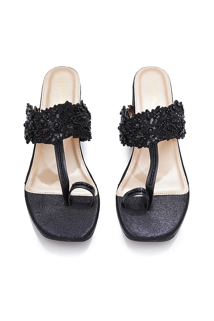 Black Faux Leather Chantilly Lace Embroidered Block Heels by Sole House at Pernia's Pop Up Shop