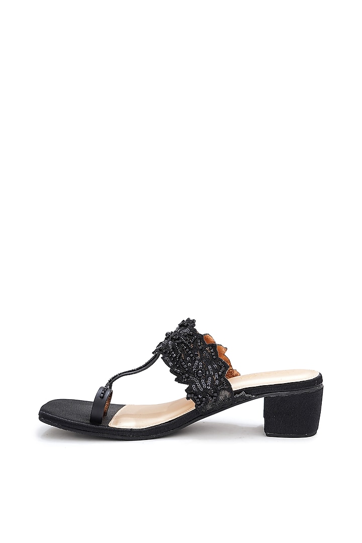 Black Faux Leather Chantilly Lace Embroidered Block Heels by Sole House at Pernia's Pop Up Shop