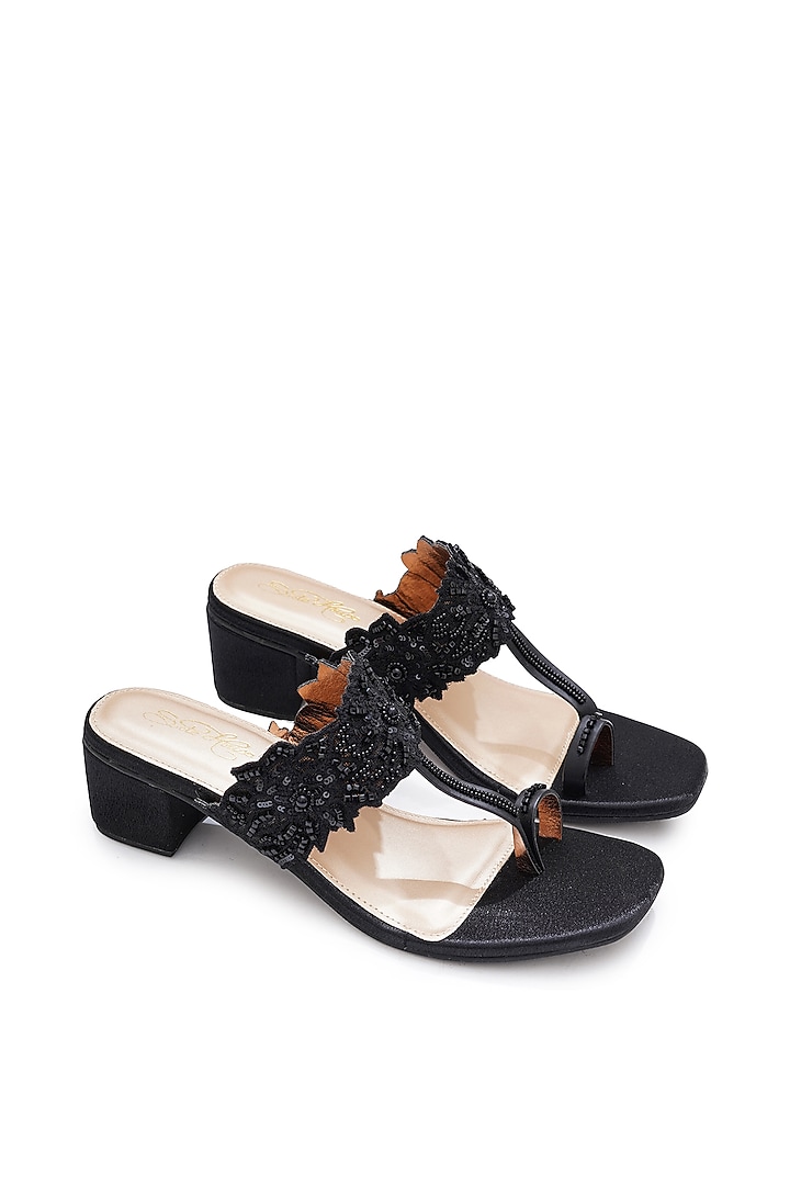 Black Faux Leather Chantilly Lace Embroidered Block Heels by Sole House at Pernia's Pop Up Shop