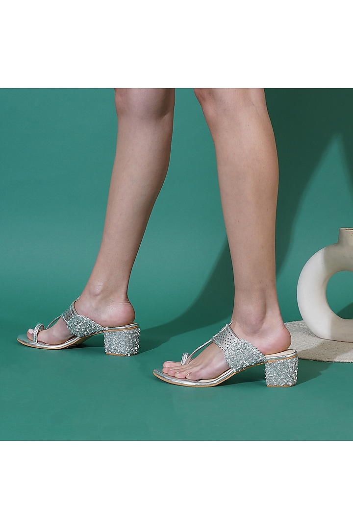 Silver Faux Leather Embroidered Block Heels by Sole House at Pernia's Pop Up Shop
