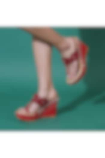 Red Faux Leather Chantilly Lace & Pearl Embroidered Wedges by Sole House at Pernia's Pop Up Shop
