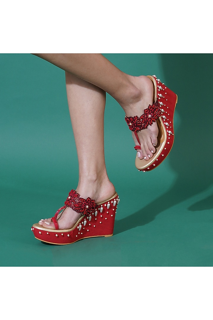 Red Faux Leather Chantilly Lace & Pearl Embroidered Wedges by Sole House at Pernia's Pop Up Shop