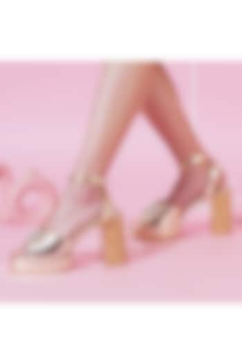 Gold Faux Leather Tikki Embroidered Block Heels by Sole House at Pernia's Pop Up Shop