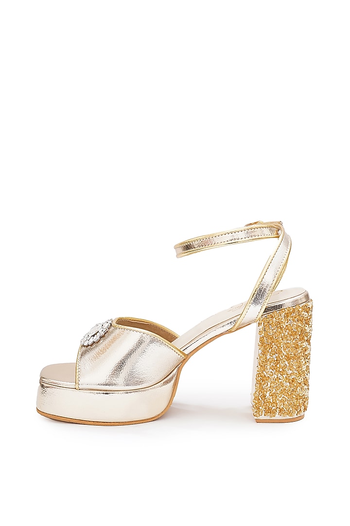 Gold Faux Leather Tikki Embroidered Block Heels by Sole House at Pernia's Pop Up Shop