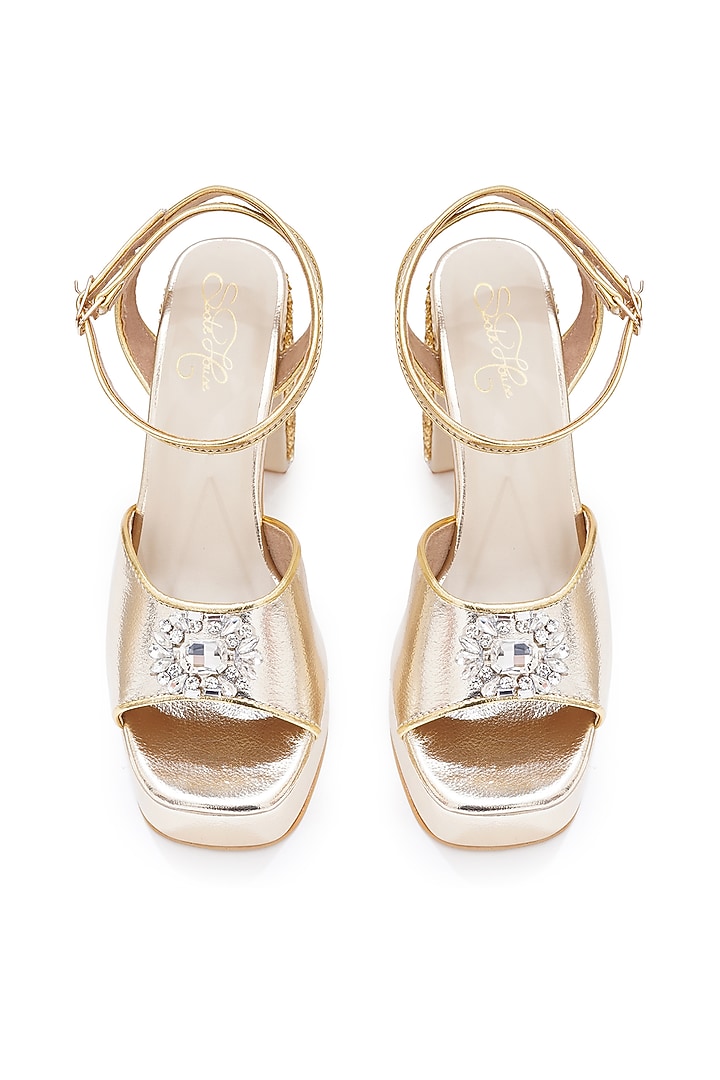 Gold Faux Leather Tikki Embroidered Block Heels by Sole House at Pernia's Pop Up Shop