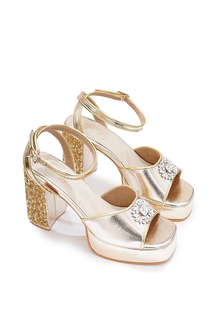 Gold Faux Leather Tikki Embroidered Block Heels by Sole House at Pernia's Pop Up Shop