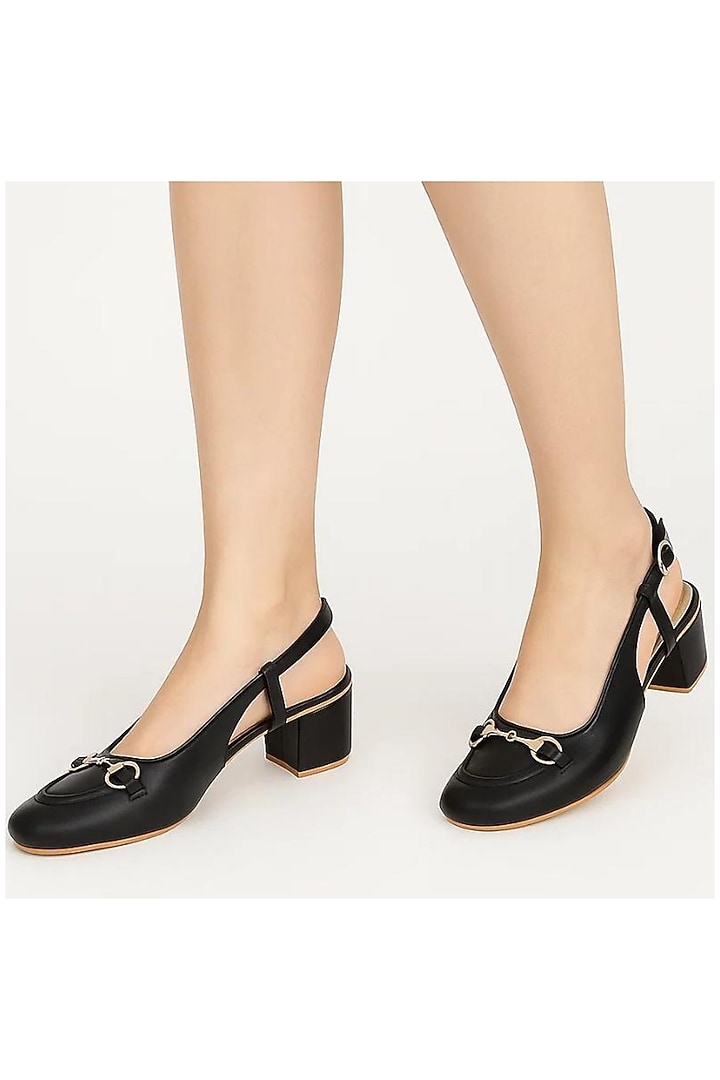Black Faux Leather Block Heels by Sole House at Pernia's Pop Up Shop