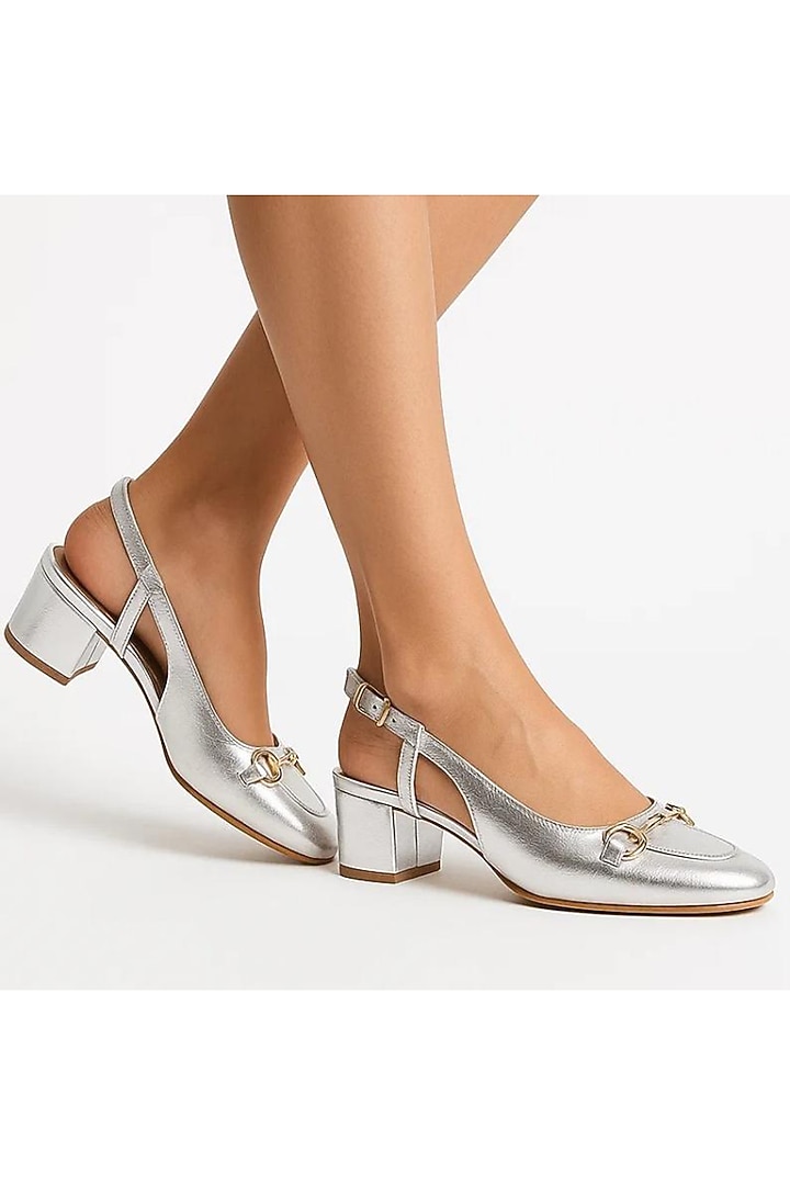Silver Faux Leather Block Heels by Sole House at Pernia's Pop Up Shop
