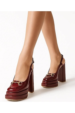 Burgundy Faux Leather Block Heels by Sole House