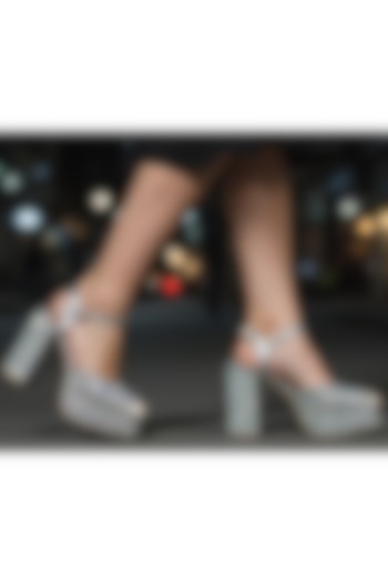 Silver Faux Leather Tikki Embroidered Block Heels by Sole House at Pernia's Pop Up Shop