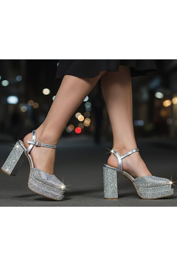 Silver Faux Leather Tikki Embroidered Block Heels by Sole House at Pernia's Pop Up Shop