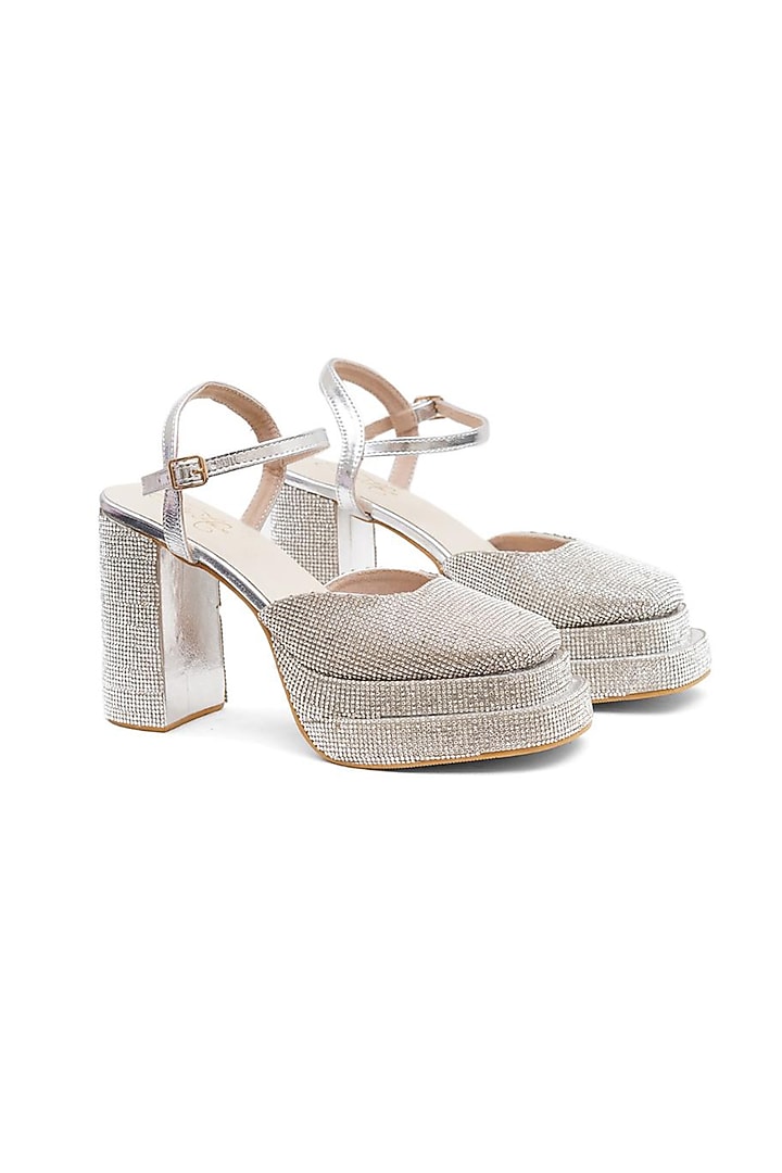 Silver Faux Leather Tikki Embroidered Block Heels by Sole House at Pernia's Pop Up Shop