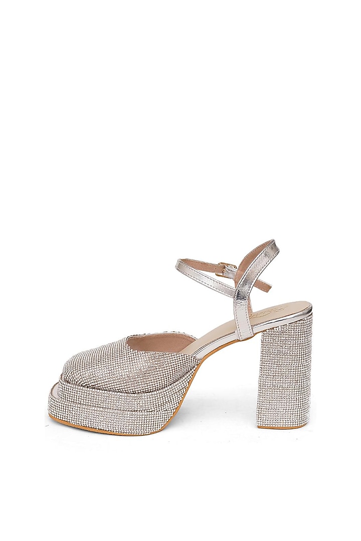 Silver Faux Leather Tikki Embroidered Block Heels by Sole House at Pernia's Pop Up Shop