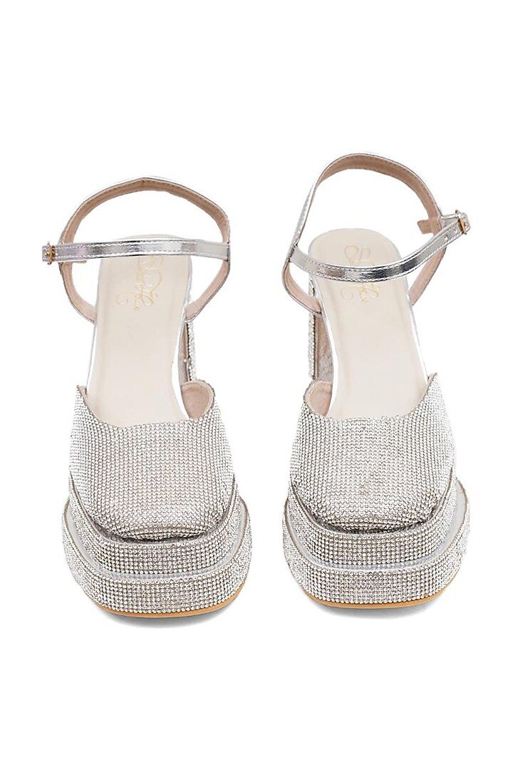Silver Faux Leather Tikki Embroidered Block Heels by Sole House at Pernia's Pop Up Shop