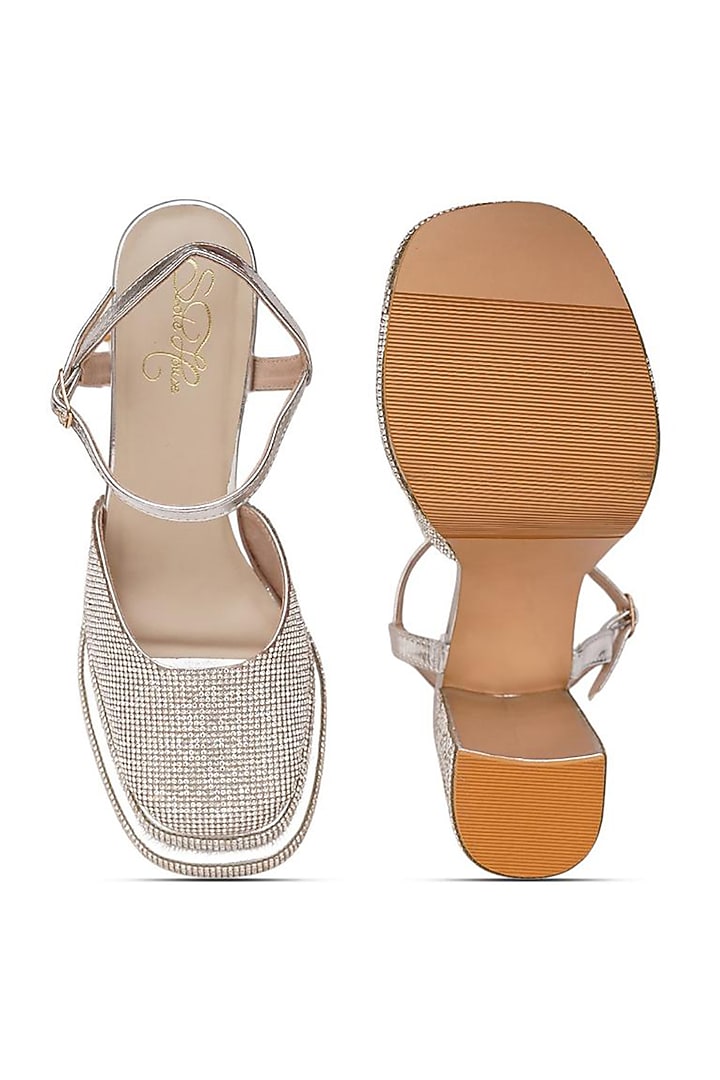 Silver Faux Leather Tikki Embroidered Block Heels by Sole House at Pernia's Pop Up Shop