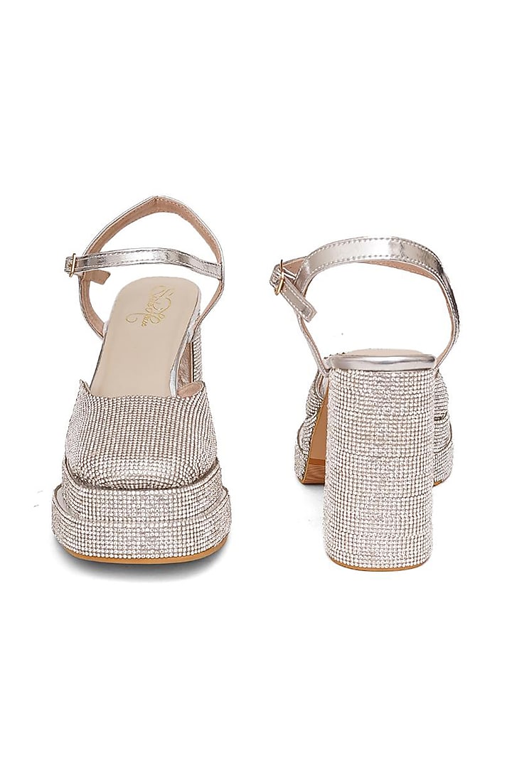 Silver Faux Leather Tikki Embroidered Block Heels by Sole House at Pernia's Pop Up Shop