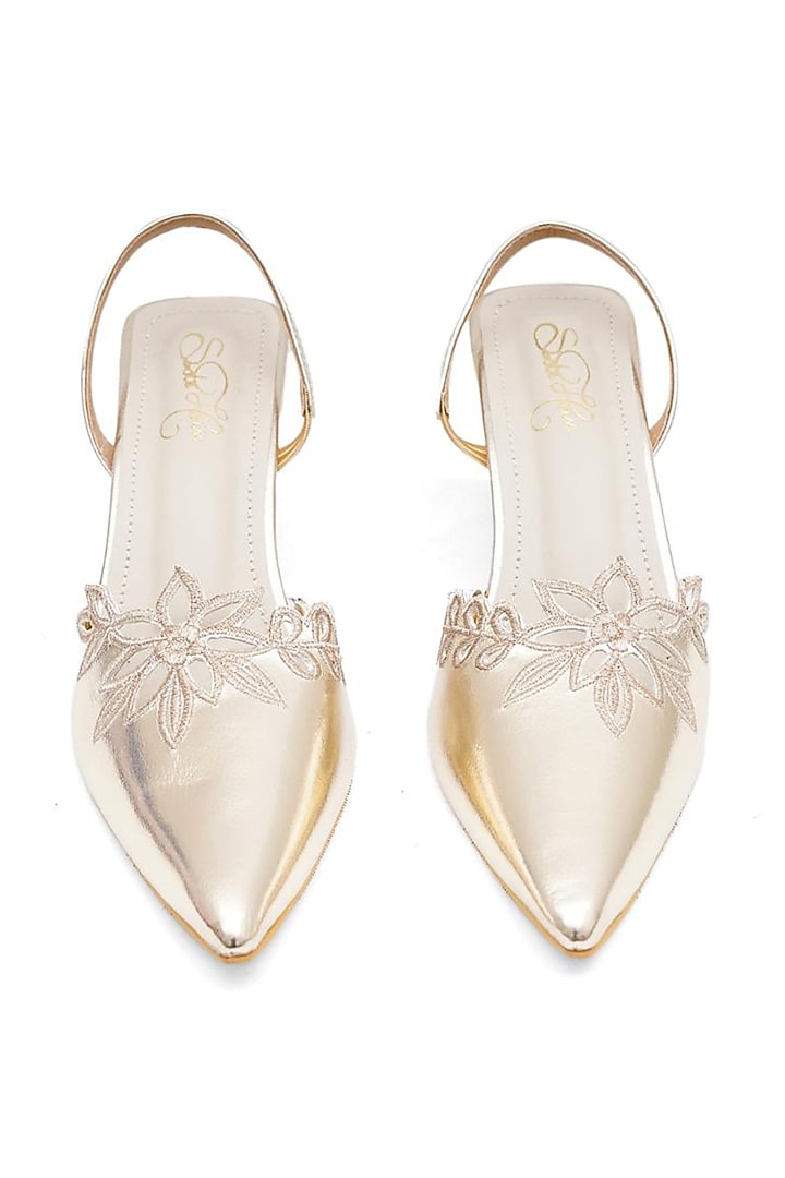Gold Faux Leather Floral Embroidered Pencil Heels by Sole House at Pernia's Pop Up Shop