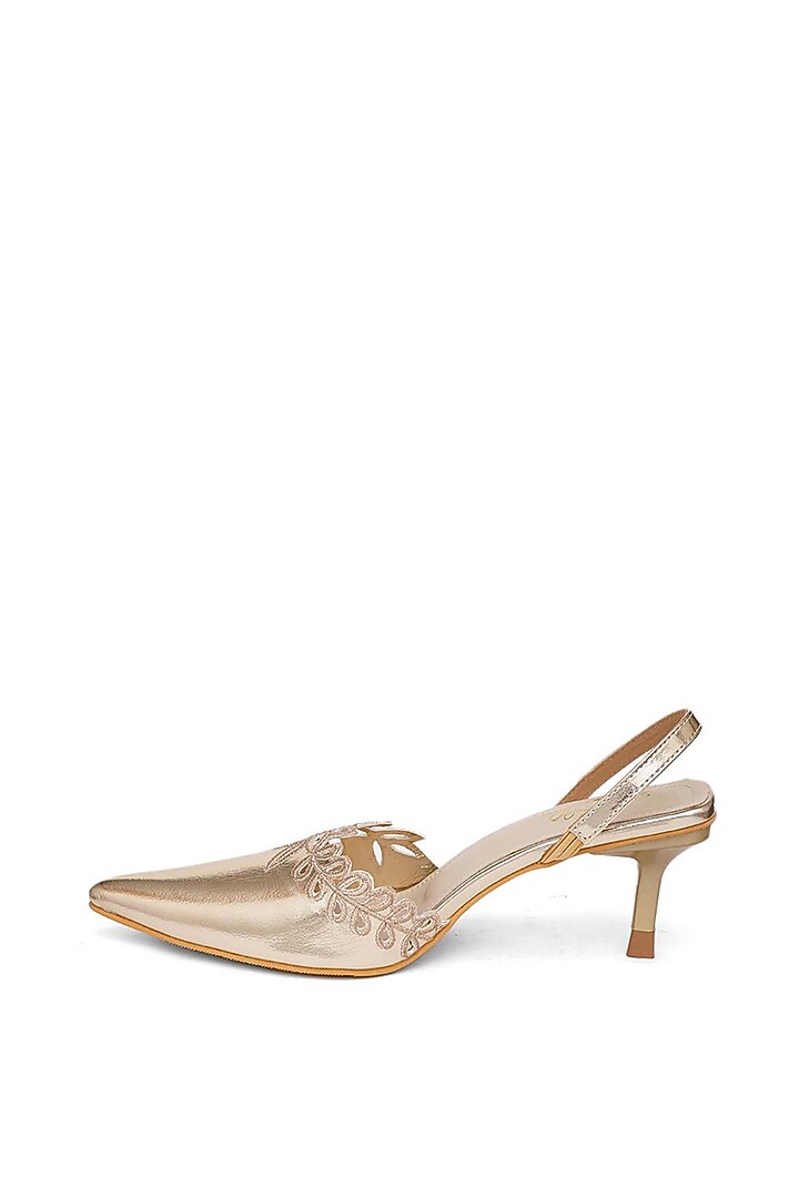 Gold Faux Leather Floral Embroidered Pencil Heels by Sole House at Pernia's Pop Up Shop