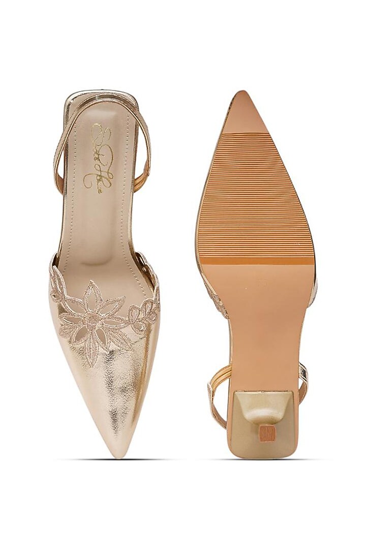 Gold Faux Leather Floral Embroidered Pencil Heels by Sole House at Pernia's Pop Up Shop
