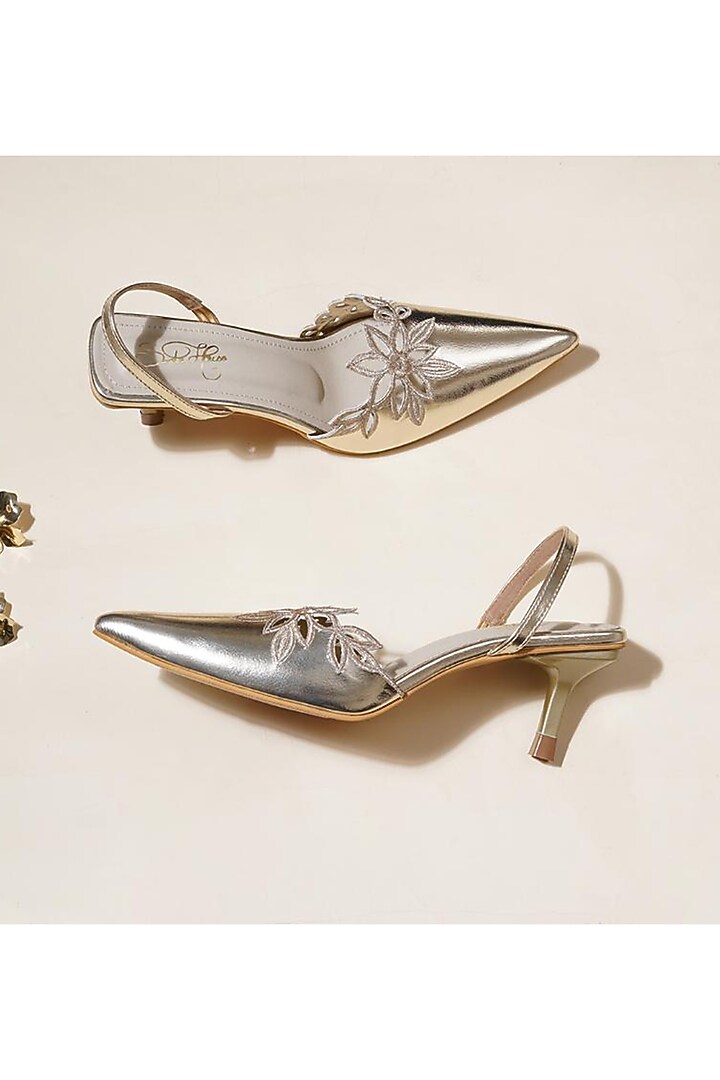 Gold Faux Leather Floral Embroidered Pencil Heels by Sole House at Pernia's Pop Up Shop