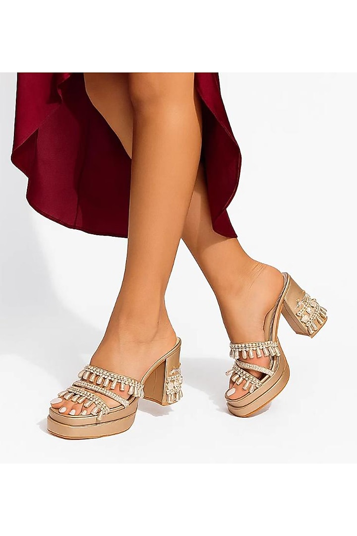 Gold Faux Leather Pearl Embroidered Block Heels by Sole House at Pernia's Pop Up Shop