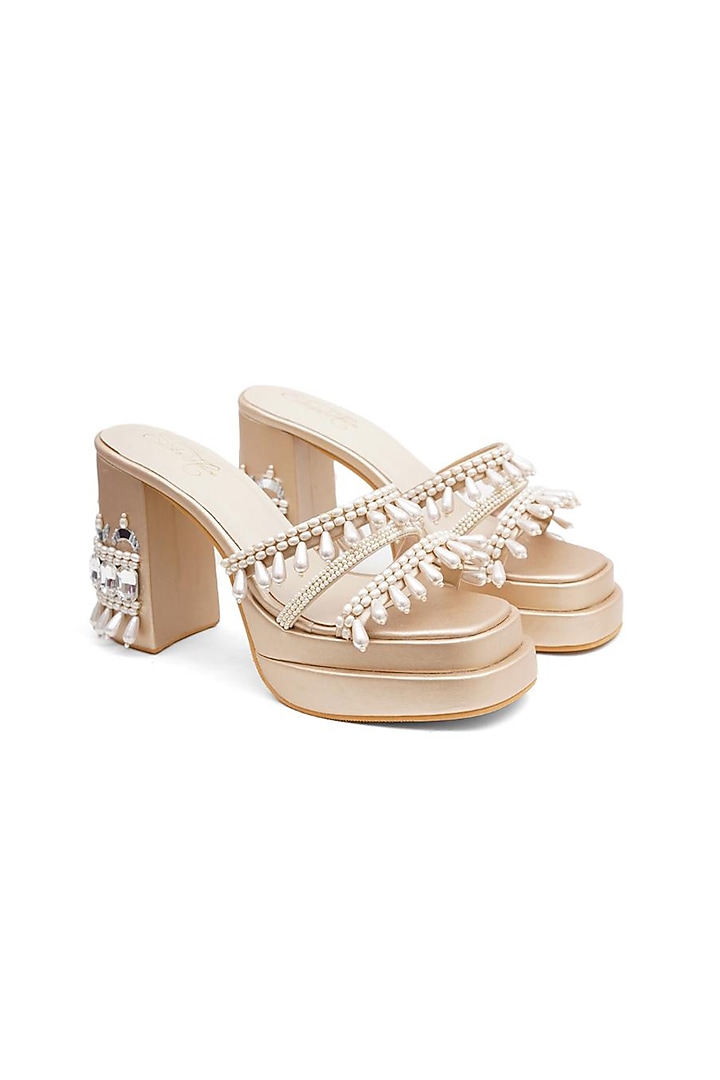 Gold Faux Leather Pearl Embroidered Block Heels by Sole House at Pernia's Pop Up Shop