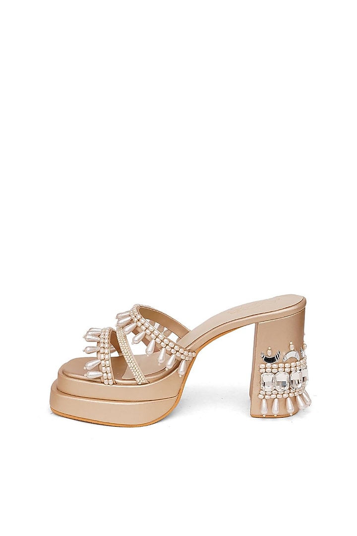 Gold Faux Leather Pearl Embroidered Block Heels by Sole House at Pernia's Pop Up Shop