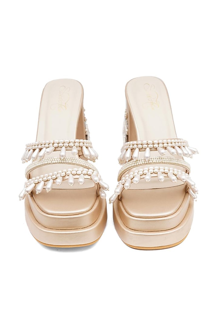 Gold Faux Leather Pearl Embroidered Block Heels by Sole House at Pernia's Pop Up Shop