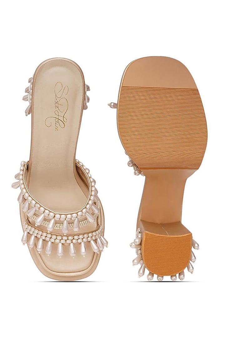 Gold Faux Leather Pearl Embroidered Block Heels by Sole House at Pernia's Pop Up Shop