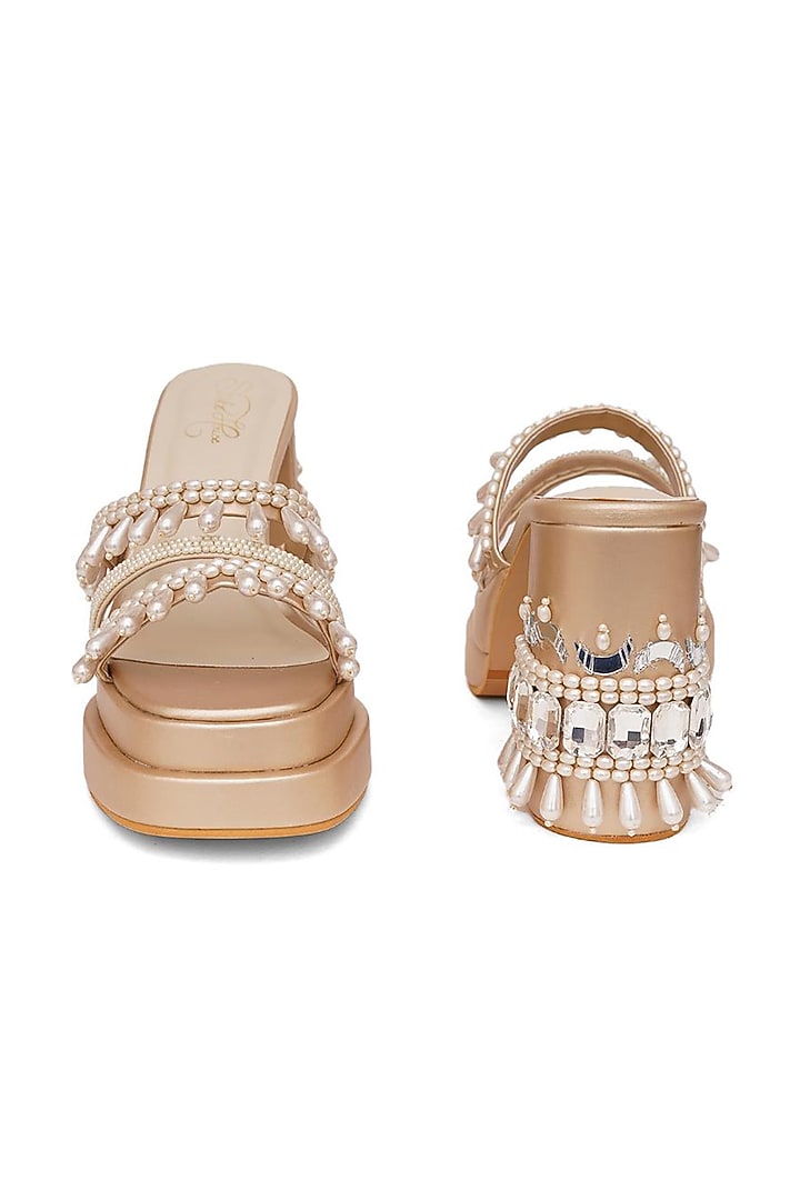 Gold Faux Leather Pearl Embroidered Block Heels by Sole House at Pernia's Pop Up Shop
