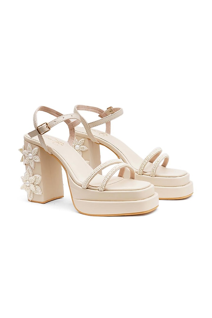 Gold Faux Leather Pearl Embroidered Block Heels by Sole House at Pernia's Pop Up Shop