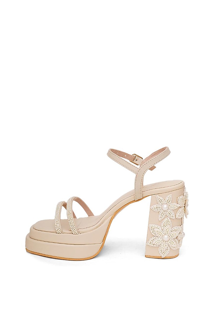 Gold Faux Leather Pearl Embroidered Block Heels by Sole House at Pernia's Pop Up Shop