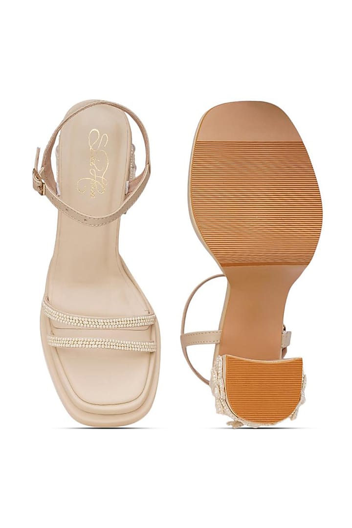 Gold Faux Leather Pearl Embroidered Block Heels by Sole House at Pernia's Pop Up Shop