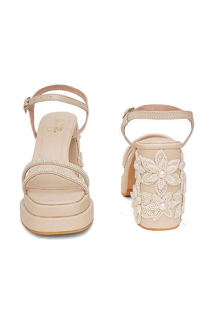 Gold Faux Leather Pearl Embroidered Block Heels by Sole House at Pernia's Pop Up Shop