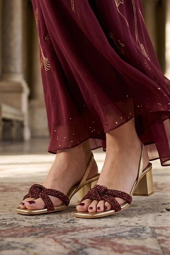 Gold Faux Leather Embellished Block Heels by Sole House at Pernia's Pop Up Shop