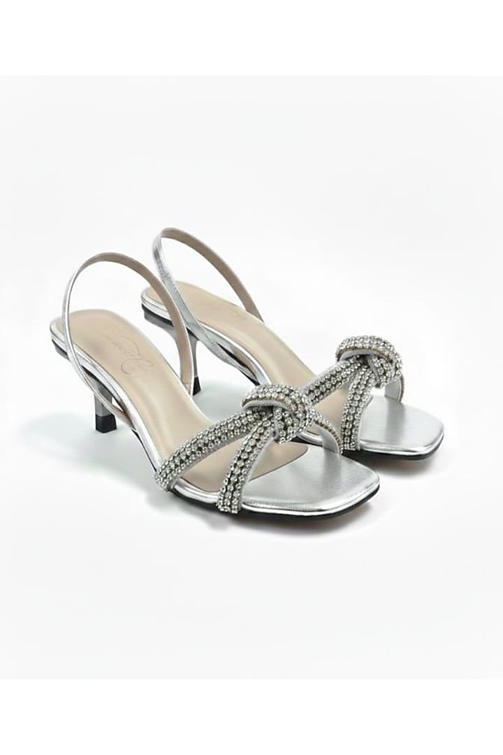Silver Faux Leather Metallic Embellished Block Heels by Sole House at Pernia's Pop Up Shop