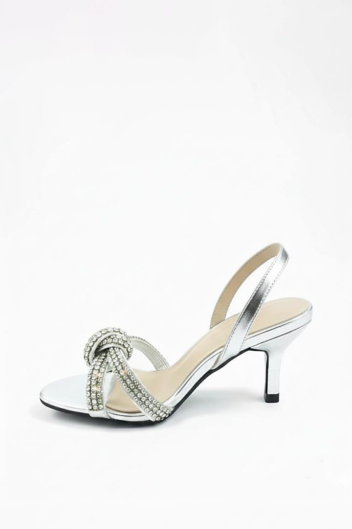 Silver Faux Leather Metallic Embellished Block Heels by Sole House at Pernia's Pop Up Shop