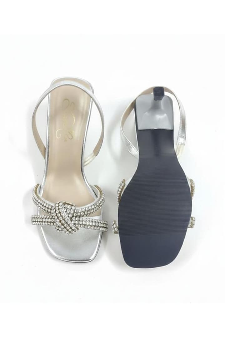 Silver Faux Leather Metallic Embellished Block Heels by Sole House at Pernia's Pop Up Shop