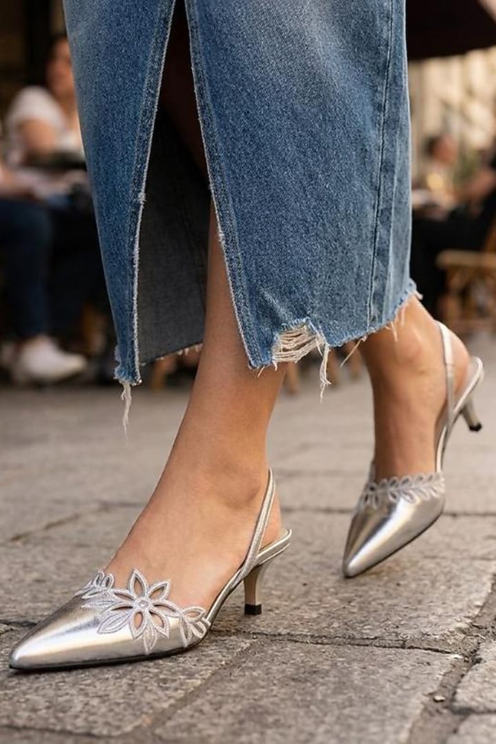 Silver Faux Leather Metallic Embellished Stiletto Heels by Sole House at Pernia's Pop Up Shop