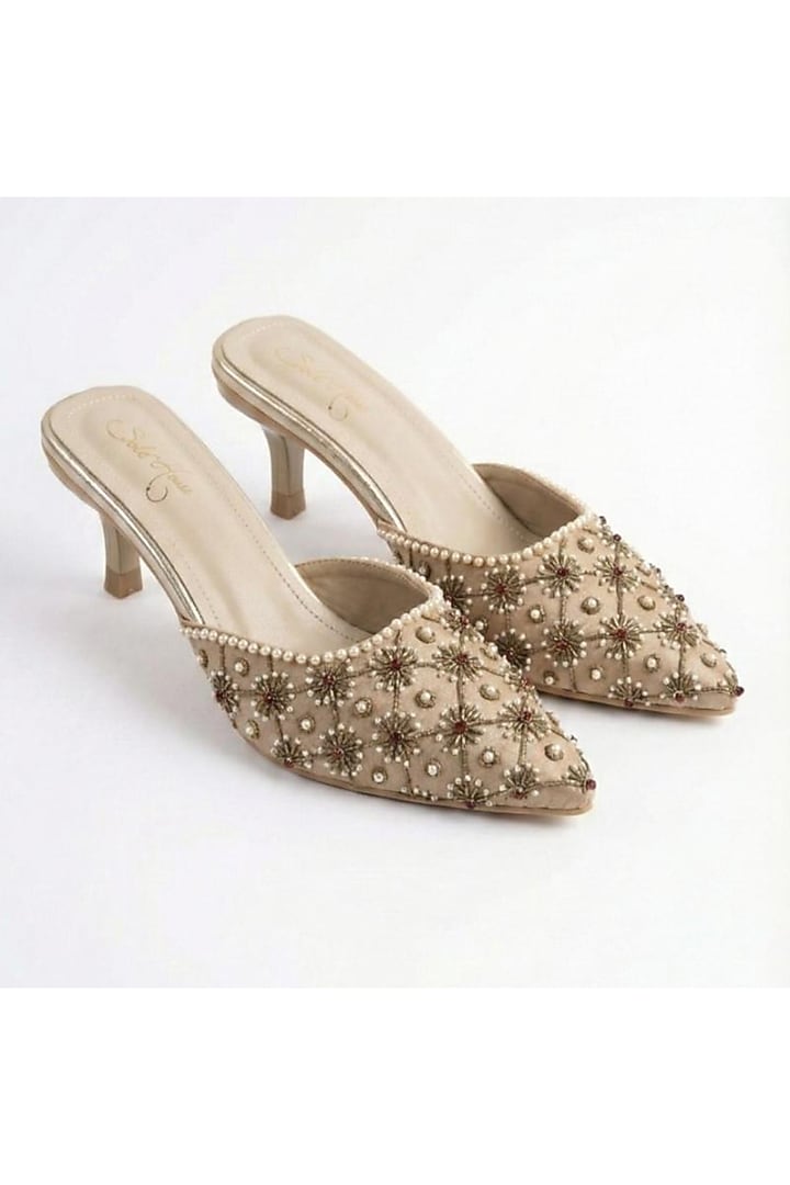 Beige Faux Leather Pearl Embellished Mules by Sole House at Pernia's Pop Up Shop