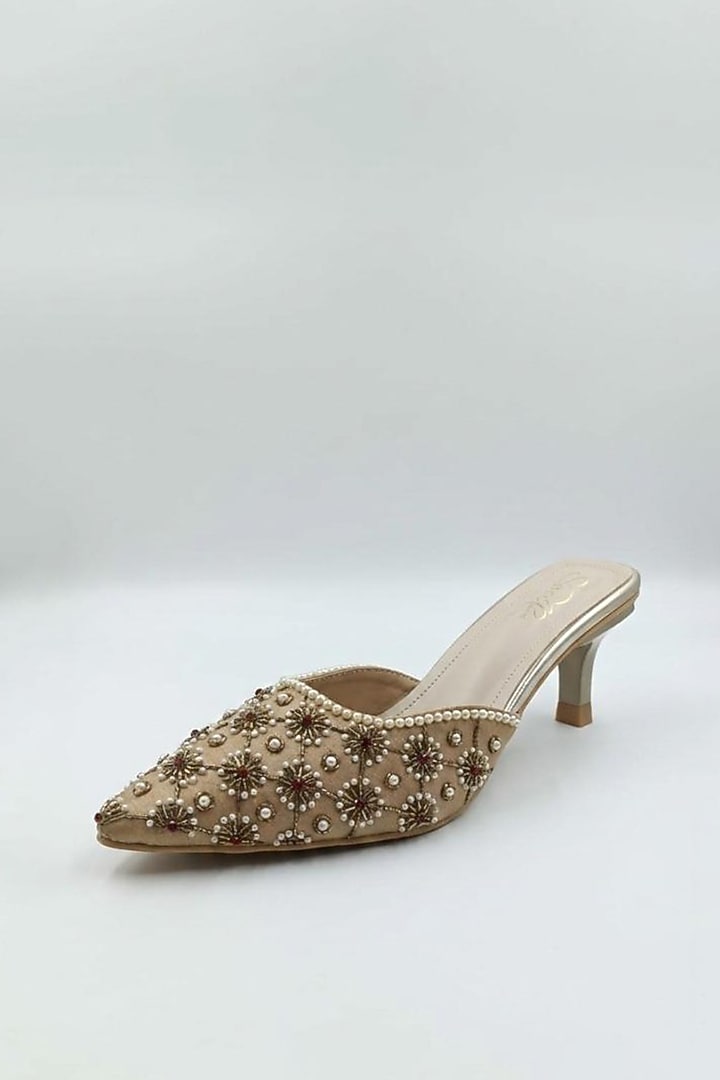 Beige Faux Leather Pearl Embellished Mules by Sole House at Pernia's Pop Up Shop