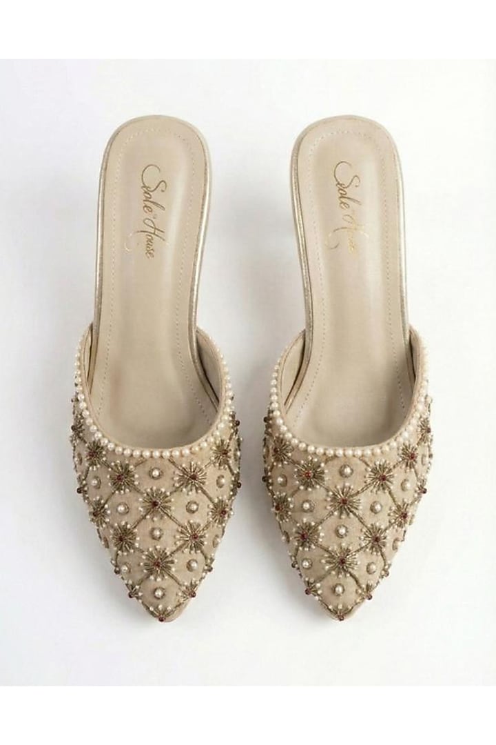 Beige Faux Leather Pearl Embellished Mules by Sole House at Pernia's Pop Up Shop