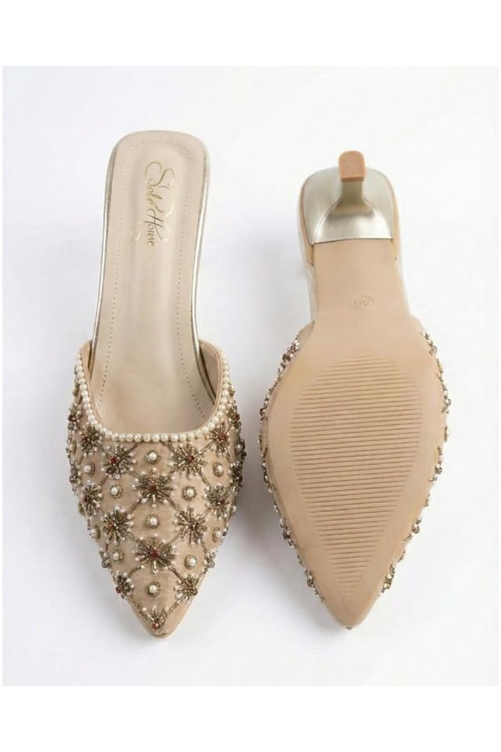 Beige Faux Leather Pearl Embellished Mules by Sole House at Pernia's Pop Up Shop